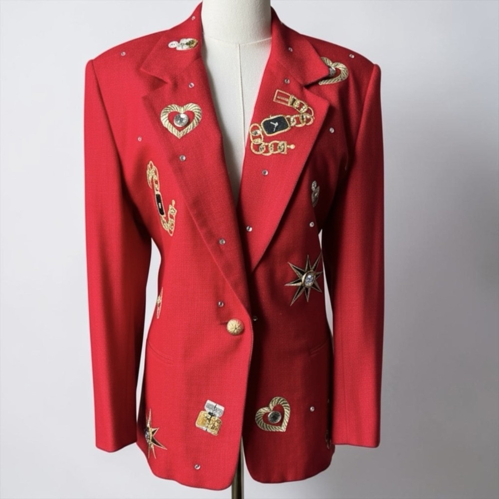 Vintage Harlan Red Watch Heart Rhinestone Novelty Blazer Size 12